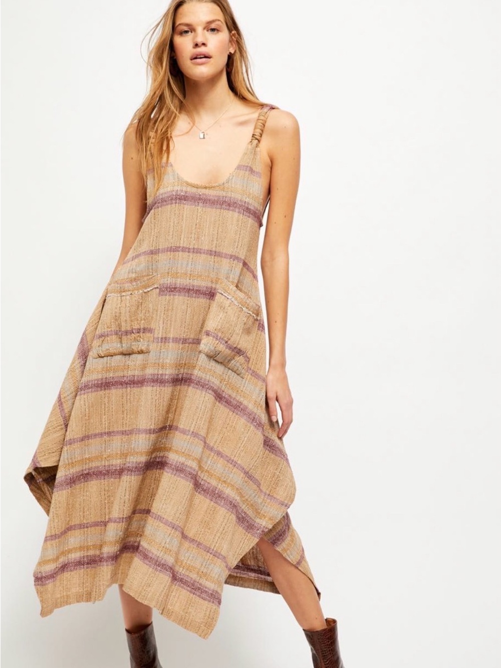 ☀️ Free People Harper Striped Midi Dress Knotted Shoulder Straps Size Small